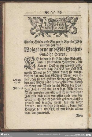 Gnade,Friede und Seegen in Christo JEsu unserm HErrn! Wolgeborne und Edle Grafen, Gnädige Herren