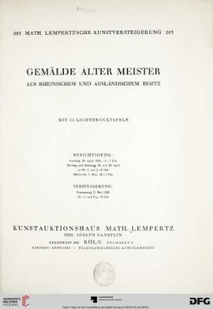 Nr. 283: Math. Lempertz'sche Kunstversteigerung: Gemälde alter Meister aus rheinischem und ausländischem Besitz : Versteigerung: 2. Mai 1929