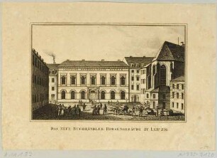 Die Buchhändlerbörse am Nikolaikirchhof in der Ritterstraße 12 in Leipzig, von 1836 bis 1888 Sitz des Börsenvereins der Deutschen Buchhändler