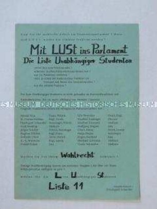 Propagandaflugblatt der "Liste Unabhängiger Studenten" zur Wahl der Studentenvertretung der Universität Marburg