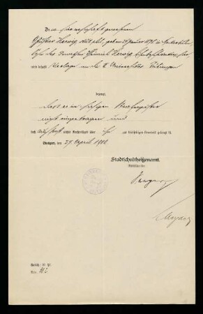 Sittenzeugnis. Tübingen, 27.04.1900.