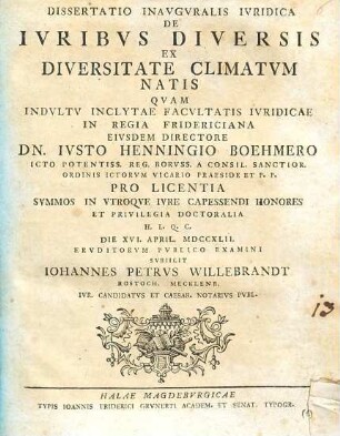 Dissertatio inauguralis iuridica de iuribus diversis ex diversitate climatum natis