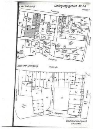 (Ablichtung) Umlegungsgebiet Nr. 5a (Grüner Pfuhl, Poststraße, Löhrstraße, Steingasse und Kohlbettstraße) vor und nach der Umlegung.