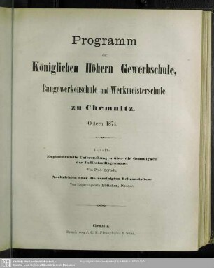 1874: Programm der Königlichen Höhern Gewerbschule, Baugewerkenschule, Werkmeisterschule und Gewerbzeichenschule zu Chemnitz