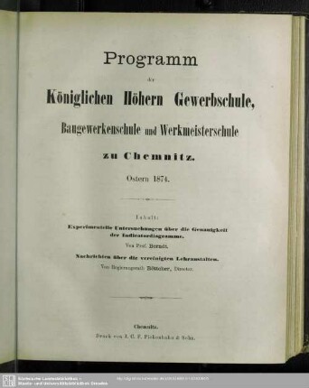 1874: Programm der Königlichen Höhern Gewerbschule, Baugewerkenschule, Werkmeisterschule und Gewerbzeichenschule zu Chemnitz
