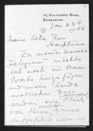 Brief von Ethel Mary Fiedler an Margarete Hauptmann