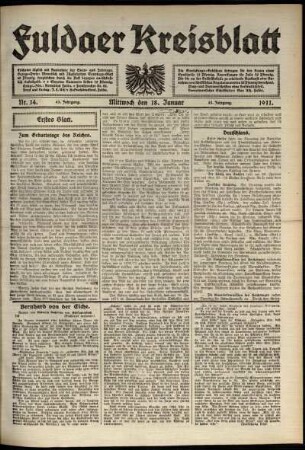 Erste Ausgabe vom Mittwoch, den 18. Januar 1911.