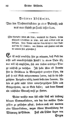 Dritter Abschnitt. Von den Nothwendigkeiten zu einer Badereise, und was man füglich zu Hause lassen kann.