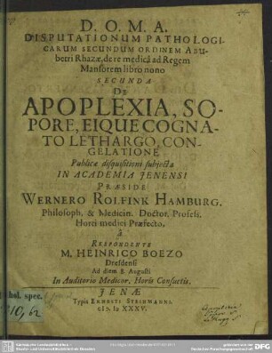 De apoplexia, sopore, eique cognato lethargo, congelatione