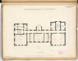 Kreiskrankenhaus, Insterburg Monatskonkurrenz November 1885: Grundriss Erdgeschoss mit Variante; Maßstabsleiste