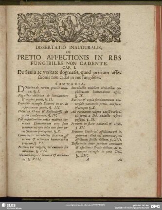 Cap. I. De Sensu ac veritate dogmatis, quod pretium affectionis non cadat in res fungibiles
