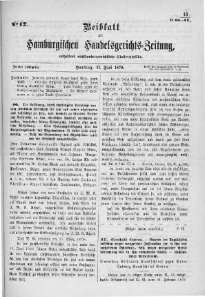 Beiblatt zur hamburgischen Handelsgerichts-Zeitung No. 12. Dritter Jahrgang. Hamburg, 11. Juni 1870.