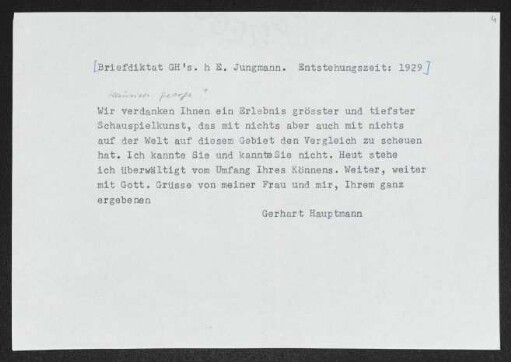 Brief von Gerhart Hauptmann an Heinrich George