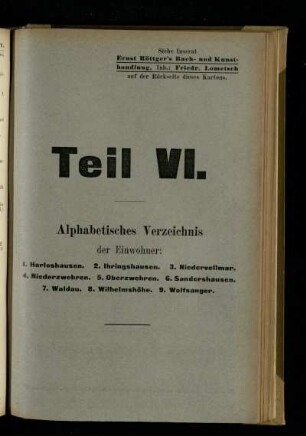Alphabetisches Verzeichnis der Einwohner: Harleshausen, Ihringshausen, Niedervellmar, Niederzwehren, Oberzwehrenm, Sandershausen, Waldau, Wilhelmshöhe, Wolfsanger
