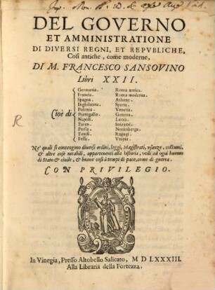 Del governo et amministrazione di diversi regni libri XXII