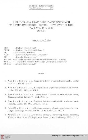 Bibliografia prac osób zatrudnionych w Katedrze Historii Sztuki Nowożytnej KUL za lata 1945-2005 (Wybór)