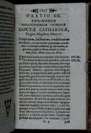 Oratio XII. Trivmphvs Philosophorum Patronæ Sanctæ Catharinæ, [...].