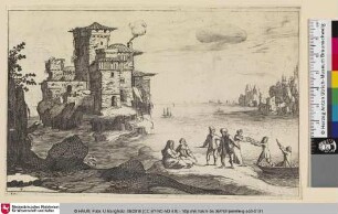 [Landschaft mit Meeresufer an dem eine Gruppe von Männern und Frauen aus einem Boot aussteigen]