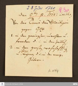 Disposition der Predigt von August Hermann Francke über Lk 16,1f. am 28.07.1720.