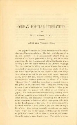 Corean popular literature. By W. G. Aston, C. M. G.