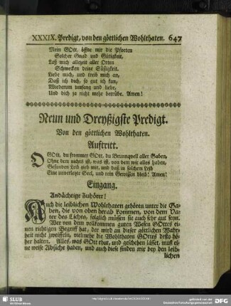 Neun und Dreyßigste Predigt. Von den göttlichen Wohlthaten