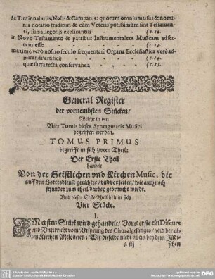 General Register der vornembsten Stücken/ Welche in den Vier Tomis dieses Syntagmatis Musici begriffen werden.