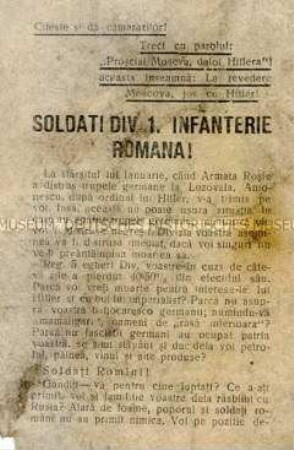 Frontflugblatt in rumänischer Sprache mit Aufforderung an die rumänischen Soldaten, auf die Seite der Roten Armee überzutreten