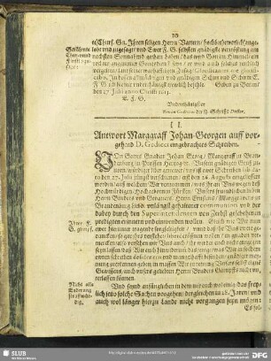 II. Antwort Marggraff Johann-Georgen, auff vorgehend D. Gedicci eingebrachtes Schreiben