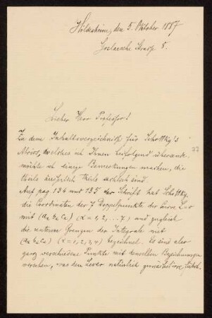 Brief von Adolf Hurwitz an Felix Klein, Hildesheim, 05.10.1887