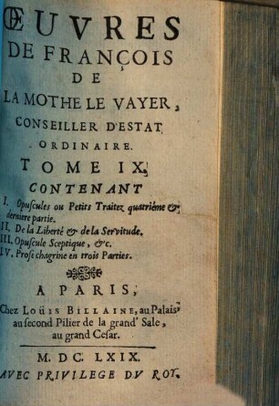 Oeuvres de François de la Mothe le Vayer, 9. (1669). - 432 S.