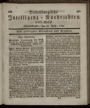 XXIX. Stück. Sonnabends : den 20. Julii, 1782.