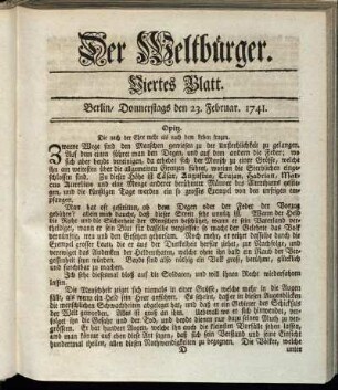 Viertes Blatt. Berlin, Donnerstags den 23. Februar 1741.