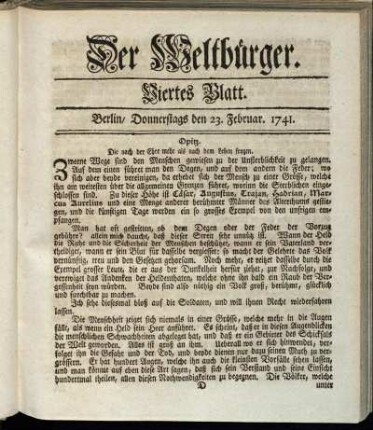 Viertes Blatt. Berlin, Donnerstags den 23. Februar 1741.