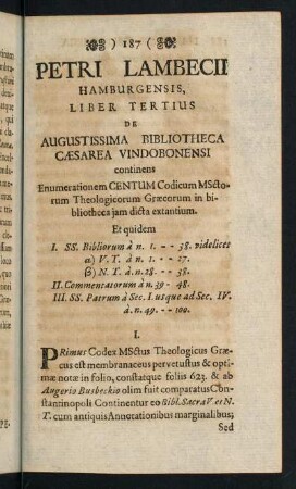 187-257, Petri Lambecii, Hamburgensis, Liber Tertius de Augustissima Bibliotheca Caesarea Vindobonensi