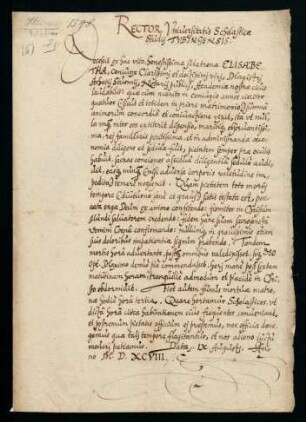 Todesanzeige der Elisabetha [Elisabetha Sturm geb. Erbin verw. Beller], Ehefrau des Achatius Sturmius, öffentlicher Notar, 1598.