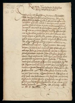 Todesanzeige der Elisabetha [Elisabetha Sturm geb. Erbin verw. Beller], Ehefrau des Achatius Sturmius, öffentlicher Notar, 1598.