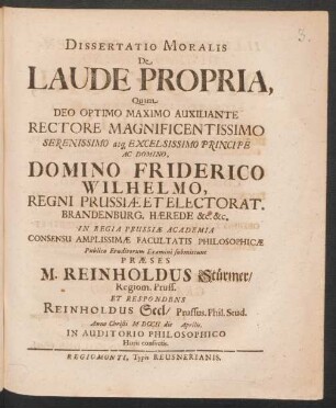 Dissertatio Moralis De Laude Propria