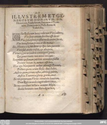 Ad Illustrem Et Generosum Dominum, Dn. Henricum Anshelmum, Baronem à Promnitz, Dominum in Pless, Sorau & Tribel, [et]c.