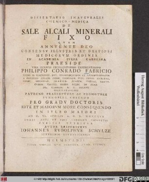 Dissertatio Inavgvralis Chemico-Medica De Sale Alcali Minerali Fixo