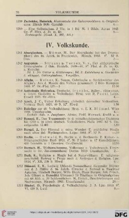 [V.] Volkskunde (Nr. 1261 - 1458)