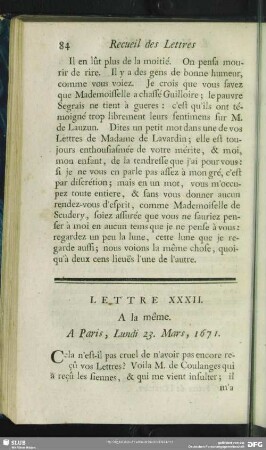 Lettre XXXII. A la même. A Paris, Lundi 23. Mars, 1671