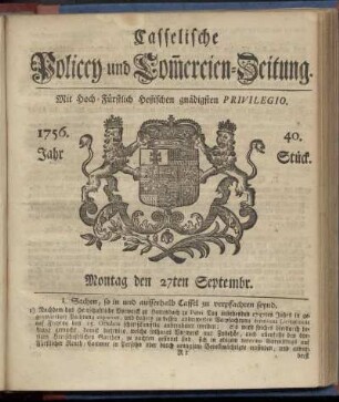 40. Stueck, Montag den 27ten Septembr. 1756