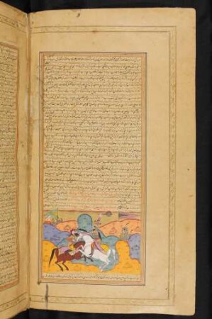 Illustration: Dārāb bedroht den Fürsten Qanṭaraš mit erhobener Keule