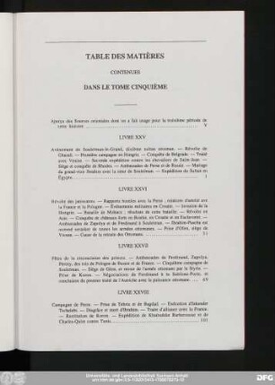Table Des Matières Contenues Dans Le Tome Cinquième