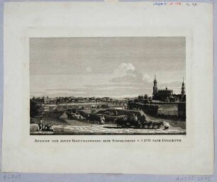 Stadtansicht von Dresden, Blick von der rechten Elbseite in Höhe des Ausfalltores beim Italienischen Dörfchen auf die heutige Neustadt, die alte Augustusbrücke und die Altstadt