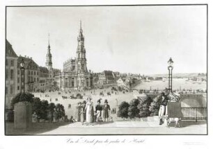 Vue de Dresde prise du jardin de Brühl [Blick auf den Schloßplatz von der Brühlschen Terrasse]. - . Kolorierter Stich ; 38,8 x 54,1 cm, um 1835.- Museum für Geschichte Dresden. - vgl. SLUB/KS B5695