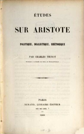 Études sur Aristote : politique, dialectique, rhétorique