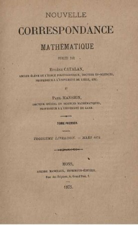 Tome premiér. Troisième livraison. Mars 1875.