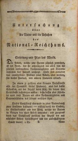 Untersuchung über die Natur und die Ursachen des Nationalreichthums, Erster Band