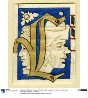 Initiale L mit Masken aus einem Antiphonar für Ludwig XII. und Anne de Bretagne, Frankreich